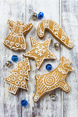 Christmas gingerbread cookies on white table