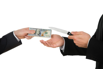 Businessman Giving Money To The Businessperson With Knife