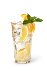 Glasses of fruit drinks with ice cubes