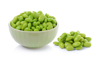 Edamame soy beans in  bowls on white background
