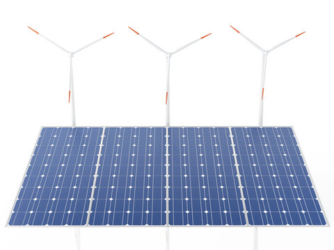 3d wind turbines and solar panels, alternative energy.