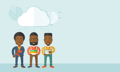 Three men holding book files, notebook and tablet.