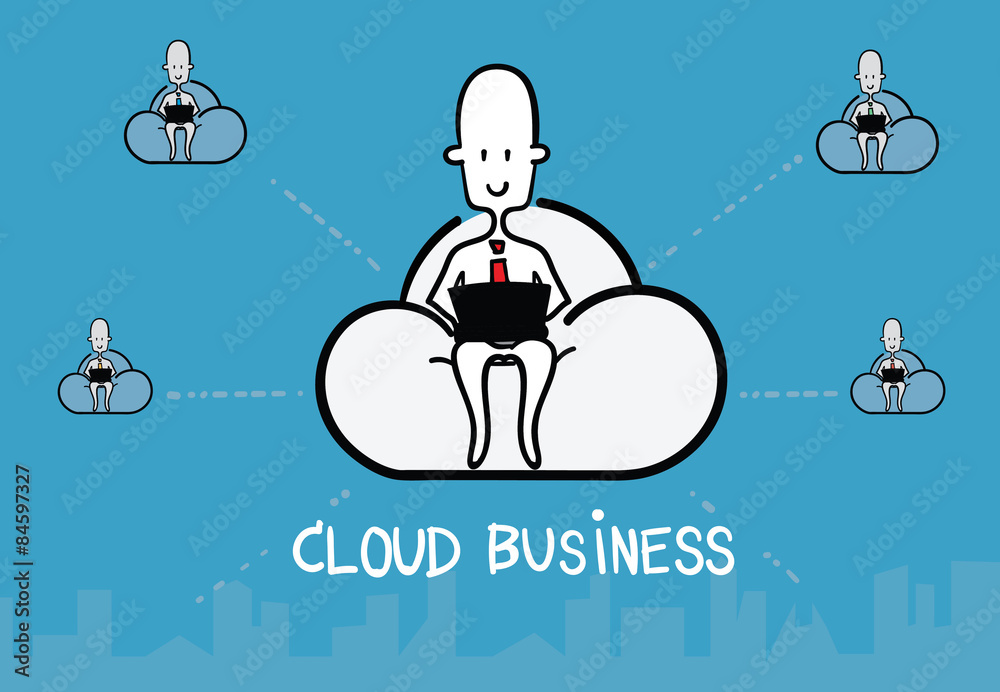 Aufkleber Vector : Business man siting on cloud and work with computer and