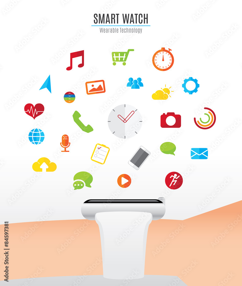 Poster vector : hand with smart watch and smart watch function icons fl