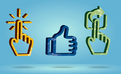 Click Like Share icon in blue color ,hand cursor and like thumb