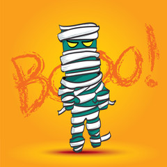 Vector : Mummy walk on yellow background with boo word, Hallowee