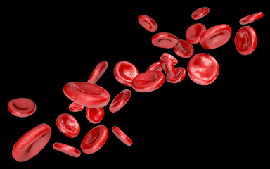 3D concept of a stream of human red blood cells isolated over black