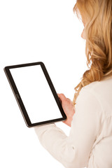 Beautiful young caucasian woman holding a tablet in her hand iso