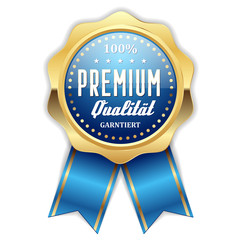 Blauer Premium Qualit&auml;t Siegel mit goldenem Rand und Scherpe