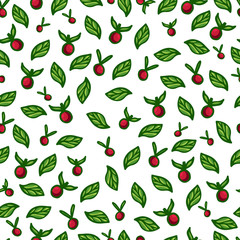 Seamless background with red berries and green leaves. vector