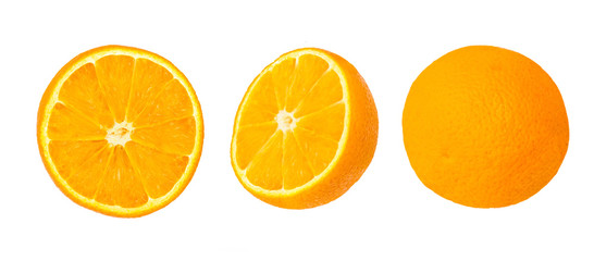 Slice of  orange three side, behind,lateral,top on white background