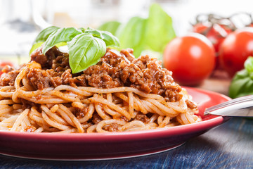 Spaghetti bolognese with cheese and basil
