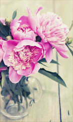 Pink peonies on wooden background - vintage photo