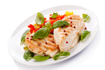 Grilled chicken fillets, rice and vegetables 