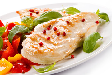 Grilled chicken fillets, rice and vegetables 