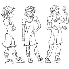 Set of vector full-length hand-drawn Caucasian teens, black and