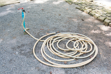 Hose watering and faucet in garden