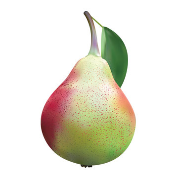 Realistic pear with green leaves on a yellow background 