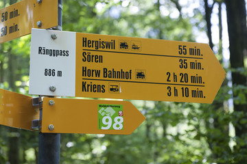 Wanderwegweiser auf der Renggpass-Passhöhe, ob Hergiswil, Nidwalden, Schweiz
