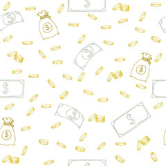 Seamless pattern with money. Hand sketched coins, dollar bills a