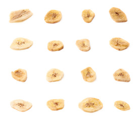 Multiple dried banana slices snacks isolated
