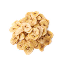 Pile of dried sliced banana snack isolated