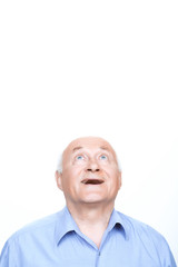 Joyful grandfather keeping head up