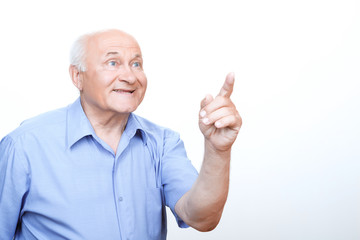 Inspired grandfather pointing with index finger