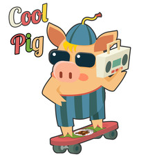 Cool Pig Sunglasses Skateboard Tape Recorder Cartoon Character