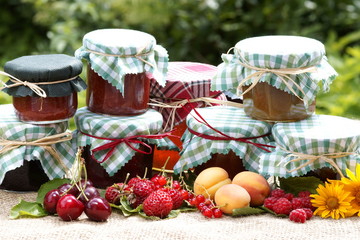 verschiedene selbstgemachte Marmeladen mit Früchten