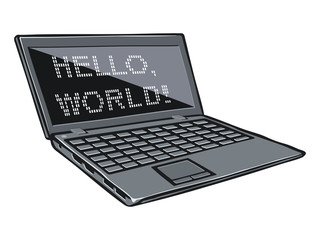 Cartoon illustration of laptop with text on its screen