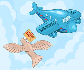 Amazed carrier pigeon meets air mail plane. Funny cartoon  illustration