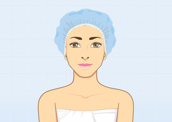 Healthy woman wearing a shower cap for protect wet hair with bath