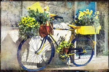 Schilderijen op glas vintage fiets versierd met bloemen, artistieke retro foto © Freesurf