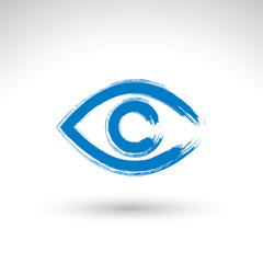 Hand drawn human eye icon, brush drawing blue medicine sign, ori