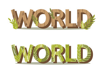 world word made from green leaf and wooden texture on white back