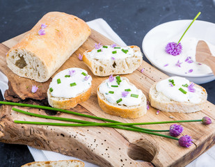 Mini sandwich with a cottage cheese and fresh chives