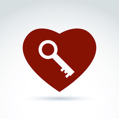 Vector red heart with a key isolated on white background. Love s