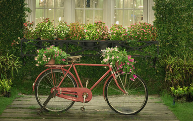 Fototapeta na wymiar red bicycle with white window and garden background
