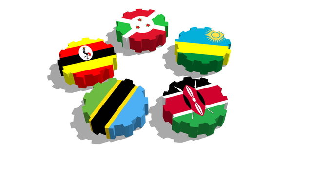 East African Community EAC association of five national economies members flags on gear