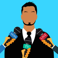 Interview, speech, leader, hands, microphones, flat design for web 