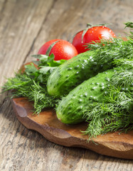 Fresh cucumbers and tomatoes on a cutting board, selective focus