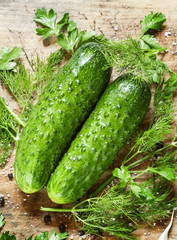 Preparing pickled cucumbers with spices and herbs, top view, sel