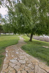 View of a beautiful stone path with trees and grass on a park.