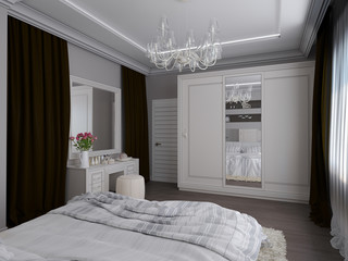 3D render of a white bedroom in classical style