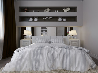 3D render of a white bedroom in classical style