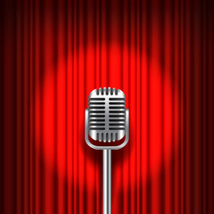 Red curtain and stage with microphone vector