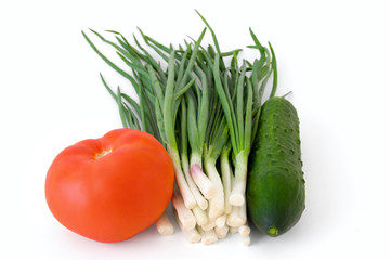 Bunch of chives, tomato, cucumber on white background