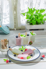 Delicious ice cream with fresh fruits