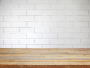 Empty table and white brick wall background, product display template